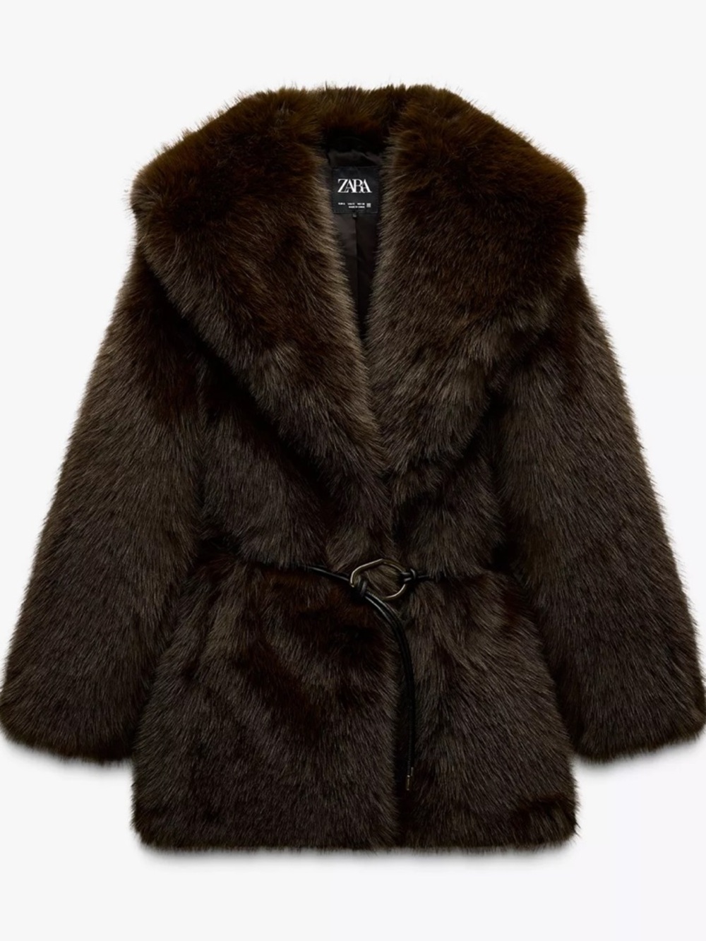Luxury Dark Brown Faux Fur Jacket with Belt